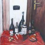 Emidio Mastrangioli, Natura viva nel rosso (olio su tela di juta, 70x60)